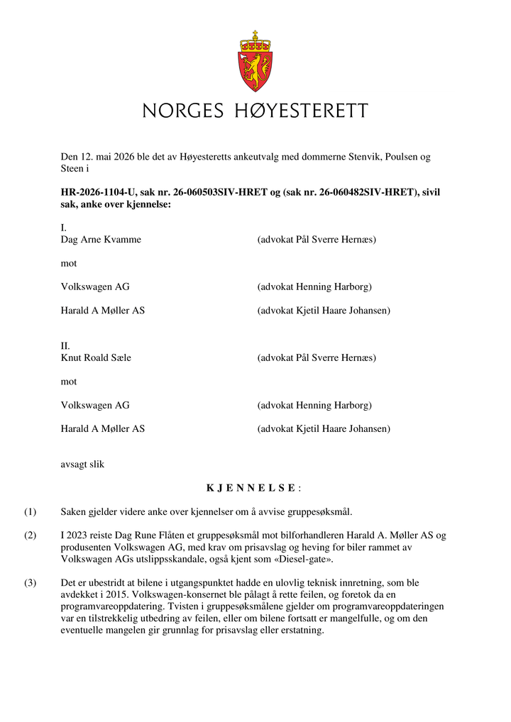 Første side av Høyesteretts kjennelse HR-2026-1104-U som opphever avvisningen av Dieselgate-gruppesøksmålet.