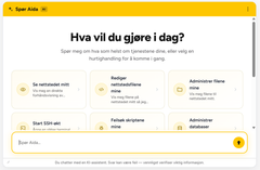 Alt text: Skjermbilde av kontrollpanelet med Spør Aida KI-assistent. Viser ulike oppgaver som å se nettstedet, redigere nettsidefiler, og administrere databaser.