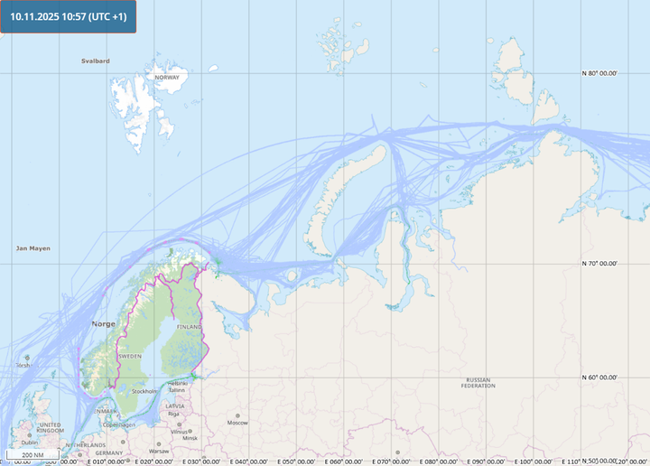 Kartet viser trafikk for skip som er omfattet av EUs sanksjonspakke 19 i perioden januar til oktober 2025.