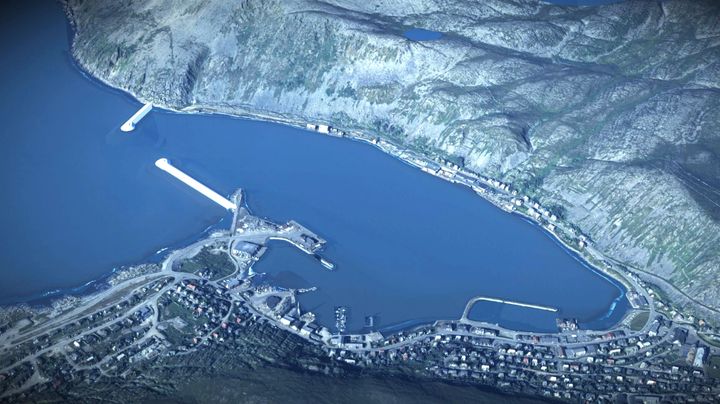 Illustrasjon av hvordan havneområdet i Kjøllefjord vil se ut når prosjektet er ferdigstilt.