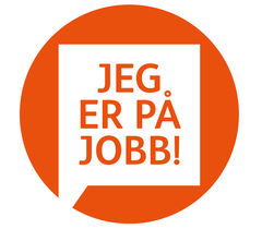 Button med påskriften "Jeg er på jobb!"