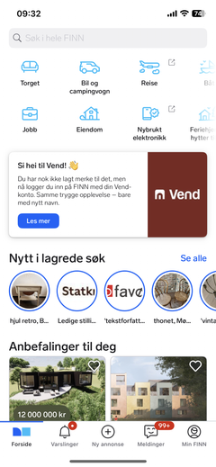 FINN-brukere vil kunne se Vend-logoen på appen (som på dette bildet) og på FINN.no.