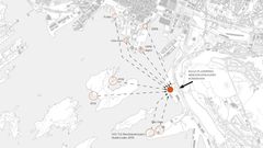 Illustrasjon som viser dagens plassering av beredskapsetatene og Oslo Havn, Bymiljøetaten og Statsforvalter sine båter. Det røde punktet viser Kongshavn Nord, som kan være aktuell lokasjon for samlet beredskapshavn.