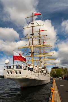 MEKTIG FULLRIGGER: Det 109 meter lange seilskipet Dar Młodzieży fredag formiddag la til kai på Vippetangen.