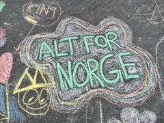 ALT FOR NORGE: Barna satte sitt preg på Akershusstranda under Oslo havnelangs 2026 med et fargerikt kunstverk laget med kritt. Mange valgte å tegne motiver til Kong Harald.
