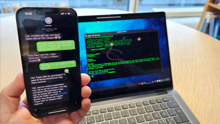 Tror du begge meldingene på denne mobilen kommer fra mamma? I bakgrunnen ser du den enkle programvaren som er brukt for å sende den falske av dem.