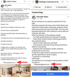 Slik kan utleiesvindel se ut: Dette er ekte eksempler, blant annet fra Facebook-gruppen "Leilighet i Bergen". Legg merke til at samme e-postadresse går igjen, selv om avsender er et annet navn. Svindlere bruker ofte e-post som kontaktpunkt for å sikre at kommunikasjonen fortsetter, selv om Facebook-kontoen blir utestengt eller innlegget slettes av administrator.