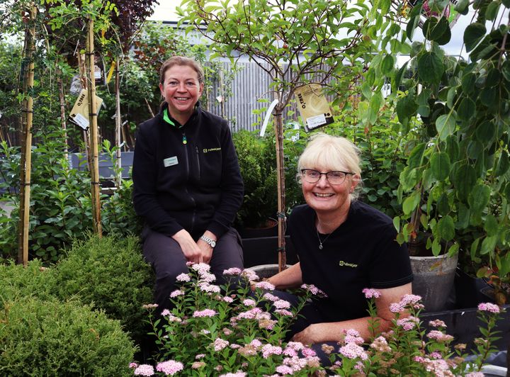 BLOMSTER I LEVANGER: Blomsterdekoratør Ingeborg Anette Aarmo (t.v.) og gartner Ingrid Rein er opptatt av å møte kundene i et velstelt hagesenter hos Felleskjøpet i Levanger.