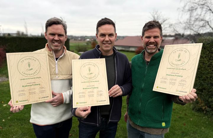 Brødrene Edvart (t.v.), Bernt og Anstein Freberg ble fredag tildelt Landbrukets bærekraftpris 2025.