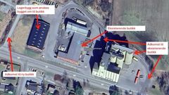 Flyfotoet viser Felleskjøpets avdeling på Bjørkelangen i dag, og planen for området.