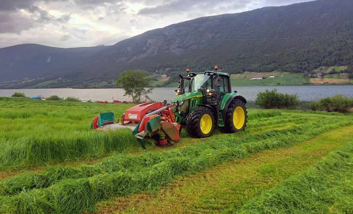 6M 125  under slåttonn i Lom med slåmaskin fra Kverneland.