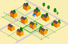 En isometrisk illustrasjon av et nabolag med oransje hus, trær og stier.