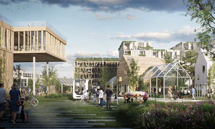 Illustrasjonen viser nullutslippsområdet "Ny by – Ny flyplass" som skal bygges i Bodø. Ill.: Henning Larsen Arkitekter