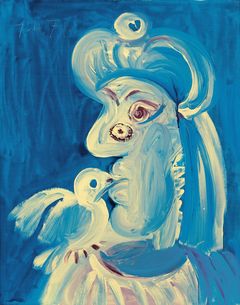 Pablo Picasso, Woman with Bird. Mougins, 7 April 1971 (I). Modified oil on canvas, 91.5 x 72.5 cm.