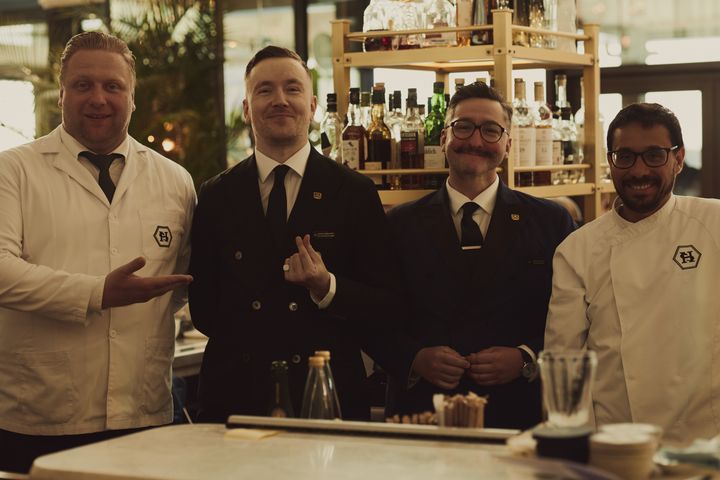 Maroš Dzurus (Bar Manager, HIMKOK) Paul Voza (Head of Research & Development, HIMKOK) Øyvind Lindgjerdet (Executive Bar Manager Britannia Hotel) Dániel Kovács (Head Bartender Britannia Bar)