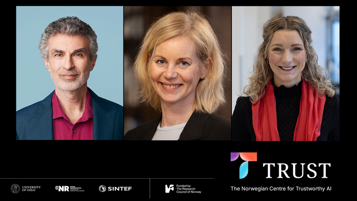 Fra venstre: Professor Yoshua Bengio – en global leder innen forskning på dyp læring og grunnlegger av Mila – Quebec Artificial Intelligence Institute – Sigrun Aasland (forsknings- og høyere utdanningsminister) og Karianne Tung (digitaliseringsminister).