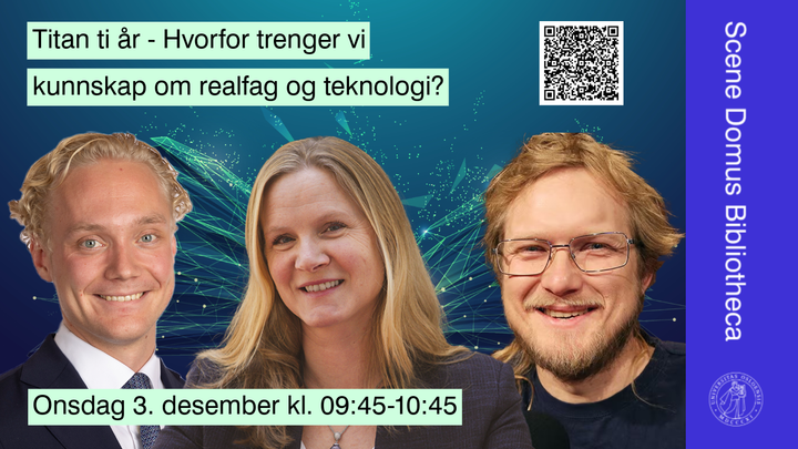 Fra venstre: Simen Velle (Frp), stortingsrepresentant i Utdannings- og forskningskomiteen; Mari Sundli Tveit, administrerende direktør i Norges forskningsråd; og Torkild Jemterud, journalist og programleder i NRK og Abels tårn.