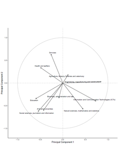 Gendata avslører strukturen bak folks utdanningsvalg. Komponent 1 (høyre-venstre) fanger interesse for tekniske versus sosiale fag og komponent 2 (fra topp til bunn) fanger praktisk versus abstrakt orientering.