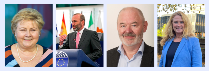 Erna Solberg, Manfred Weber, John Erik Fossum og Pernille Rieker kommer.