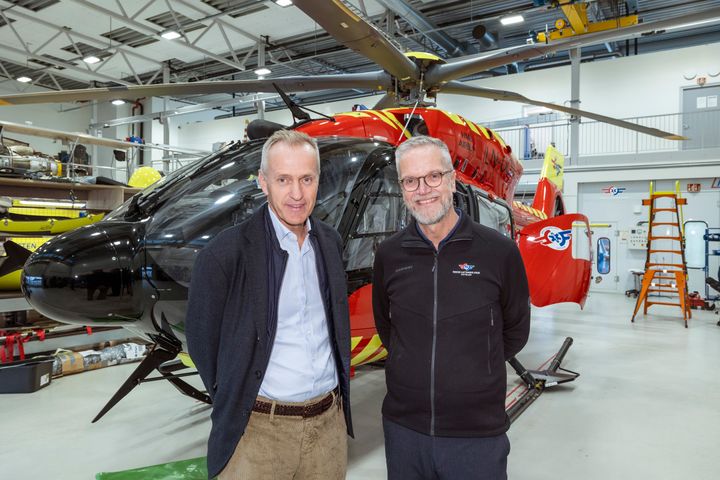 F.V. Nils K. Selte og Erland Kroken foran utviklingshelikopteret til Stiftelsen Norsk Luftambulanse