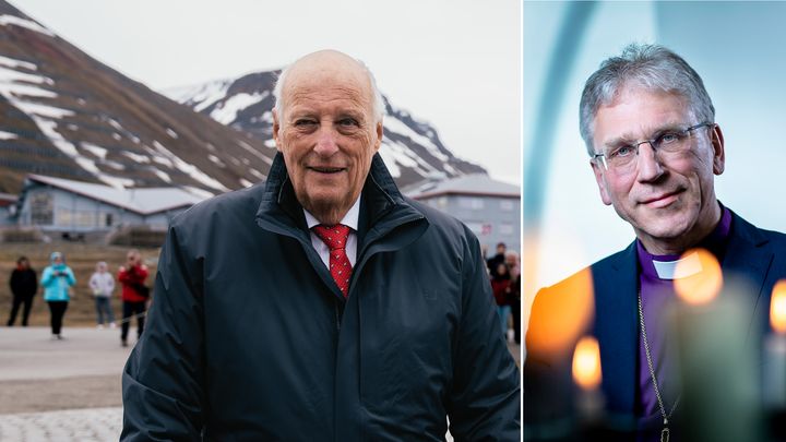 Kong Harald på Svalbard i 2025, foto: Ola Vatn / Det kongelige hoff. Til høyre: Preses i Den norske kyrkja, Olav Fykse Tveit, foto: Bo Mathisen / Den norske kyrkja.