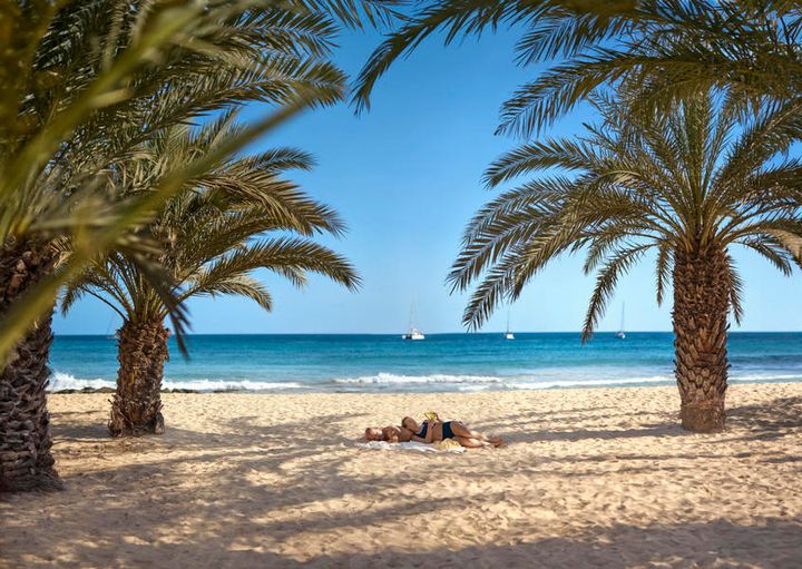 Cuple lounging on the beach under the palm trees in Cabo Verde.