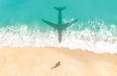 Et fly som flyr over en strand,
