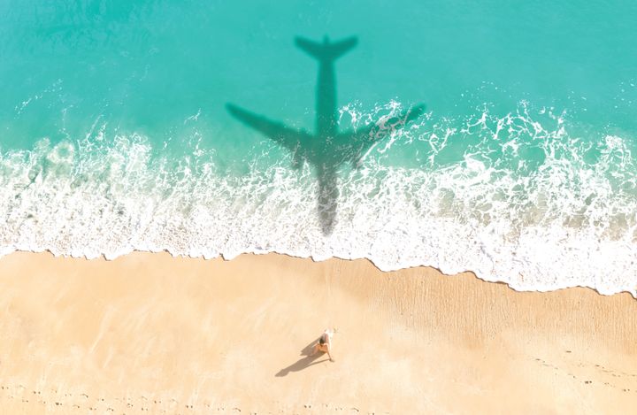 Et fly som flyr over en strand,