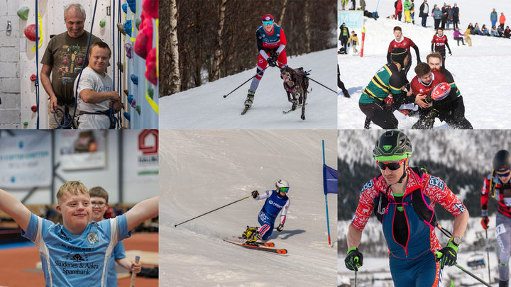 Klatring og innebandy for utviklingshemmede, hundekjøring, snørugby, telemark og randonee er noen av idrettene vi vil se på Lillehammer i mars. Bildecollage: NIF