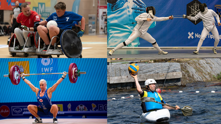 Rullestolrugby, fekting, vektløfting og kajakkpolo er noen av idrettene under NM-veka 2025. Bildecollage: NIF