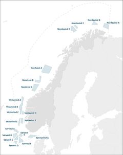 Kart som viser de 20 havvindområdene som skal utredes