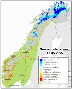 Kartet viser at det ikke har vært mer snø i store deler av Troms og Finnmark, men også i fjellområdene i Nordland, så lenge NVE har beregnet snødekke i Norge ut ifra observasjoner, fra 1958. I sør har vi i år et av de mest snøfattige årene. Situasjonen gjelder for 13. mai 2025.