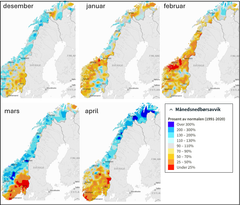 Kartene viser hvor mye nedbør det har kommet i valgt måned sammenlignet med hva som er vanlig (1991-2020) for de respektive månedene, og viser kontrastene vi ser mellom nord og sør.