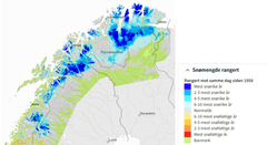Snømengde rangert mot samme dag siden 1958. Kilde: SeNorge.no/NVE