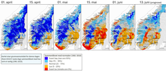 Kartene viser utviklingen av beregnet grunnvanntilstand fra 01 april til 10. juni 2025 (prognoser). Verdiene er i forhold til gjennomsnittlig grunnvannstand for samme dato i referanseperioden 1981-2010. Grunnvannstanden er simulert ved bruk av NVEs hydrologiske prognosemodell.