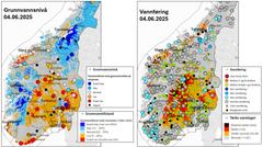 Fargede sirkler er målt grunnvannstand og vannføring i elvene/innsjøene 02. juni.