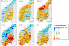 Kartene viser hvor mye nedbør det har kommet i valgt måned sammenlignet med hva som er vanlig (1991-2020) for de respektive månedene.