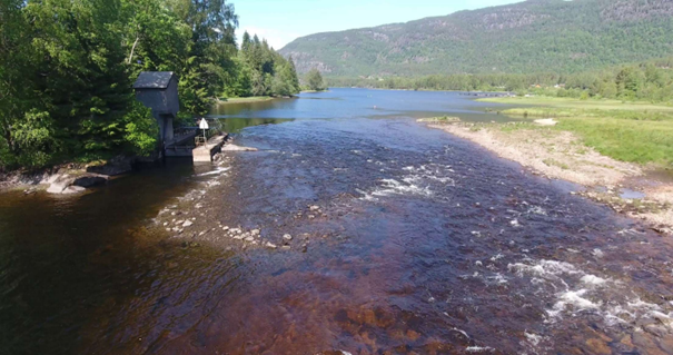 Foto av utløpet av Seljordsvatn med luka.