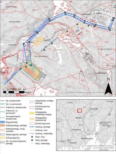 Situasjonsplan for Statnetts tiltak ved Støleheia. Nye Stemmen transformatorstasjon er vist nede til venstre i kartet, markert med oransje, mens de nye ledningene fra Kristiansand stasjon til Stemmen er vist med blå stiplete streker.