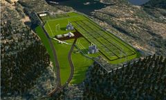 Illustrasjon av Statnetts nye Stemmen transformatorstasjon med Glitre Nett sin nye koblingsstasjon øverst