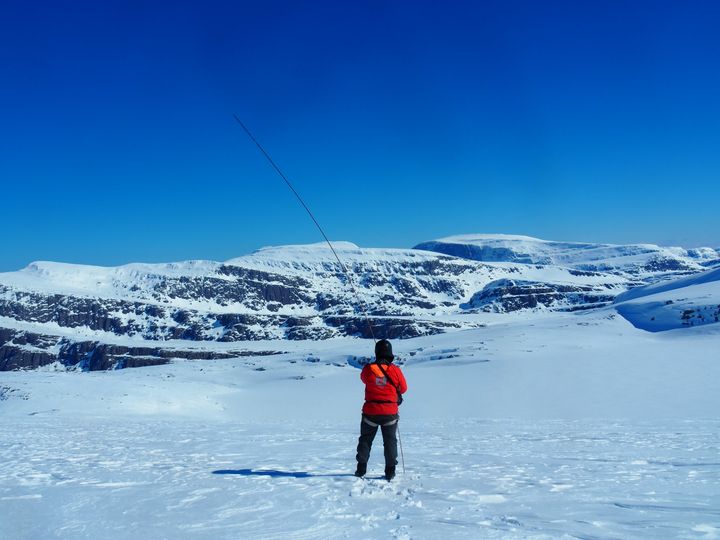 Snødybden måles ved hjelp av lange sondestenger. Her fra målingene på Ålfotbreen i april 2026.