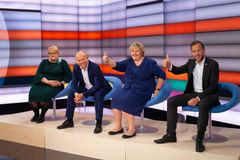 Trine Skei Grande, Trygve Slagsvold Vedum, Erna Solberg og Audun Lysbakken var på plass under Supernyttdebatten i 2019. Foto: Geir Evensen / NRK