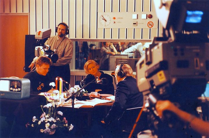 NRK P3s første sending fra Tyholt, 2. oktober 1993. I bildet: Lars Erik Mørk, Sverre Ustad, Beate Arnøy, Sigund Raanes