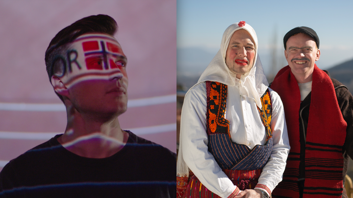 Ulike utfordringar: Karsten Warholm jaktar medaljar i EM og OL i sommar. Herman Flesvig og Mikkel Niva må ut på oppdrag over heile Europa, her på eit litt spesielt karneval i Nord-Makedonia.