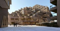 Ett av konseptene som ikke ble innstilt som vinner, var "Normannskollen" av BIG Bjarke Ingels Group med AART Architects. Slik så deres forslag ut, sett fra Sigurd Hoels vei