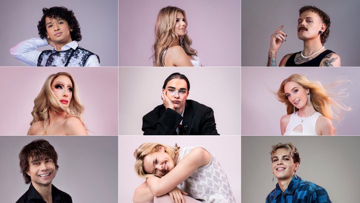 Årets ni finalister. Øverst fra venstre: Leonardo Amor, emma, Jonas Lovv, Skrellex, Mileo, Silke, Alexander Rybak, Hedda Mae og STORM.