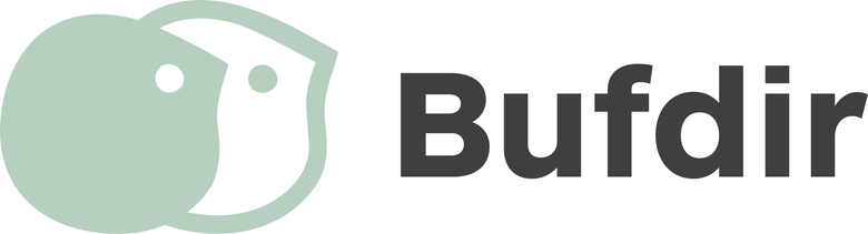 Bufdirs logo, to overlappende figurer som ser ut som ansikter til venstre og Bufdir i svart skrift