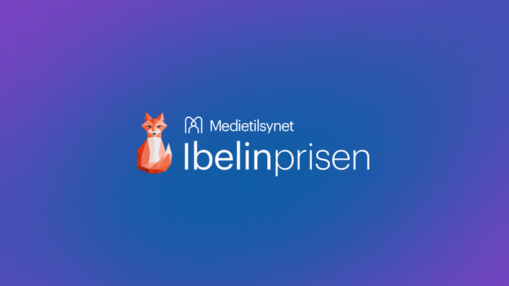 Logo for Ibelinprisen. Den røde reven som vinneren vil få som skulptur på blå bakgrunn med Ibelinprisen og Medietilsynet skrevet i hvitt.
