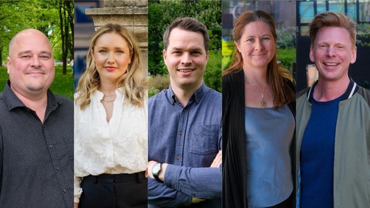 Vinnerne av UiOs priser for 2025: (F.v.) Carl Henrik Knutsen, Sirianne Dahlum, Stian Øby Johansen, Gunnveig Grødeland og Jan Terje Andersen.