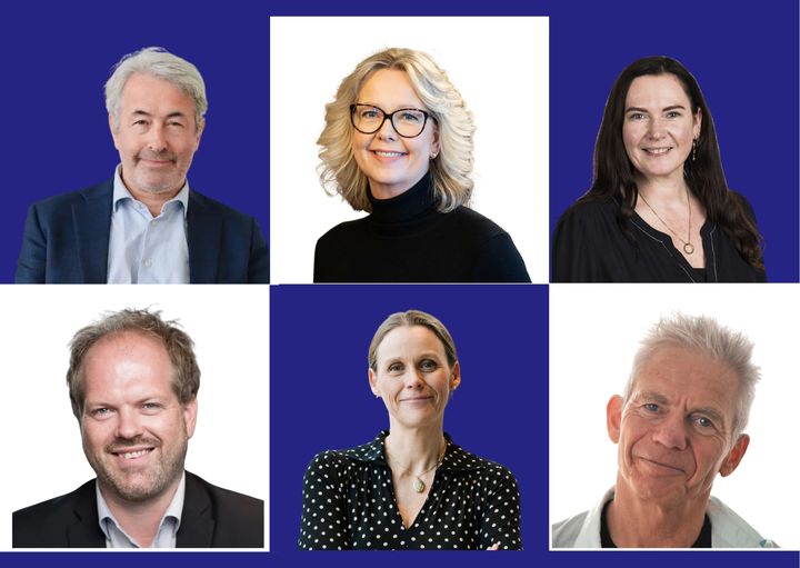 Øverst fra venstre: Leo Grünfeld, samfunnsøkonom og partner, Menon, Eileen Fugelsnes, statssekretær (AP), Kunnskapsdepartementet,  Monica Molvær, stortingsrepresentant, Høyre, Per Øyvind Langeland, næringspolitisk direktør, NHO,  Lise Lyngsnes Randeberg, leder, Akademikerne,  Kalle Moene, professor emeritus i samfunnsøkonomi, Universitetet i Oslo.
